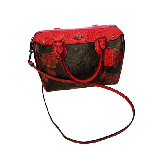 STUNNING Coach Rowan Red Leather Trim black, brown & Rose Print - Picture 7 of 12